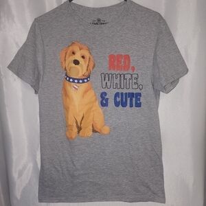 💘For the Love of Paws Gray, Red, White, and Blue with Puppy Womens T-shirt